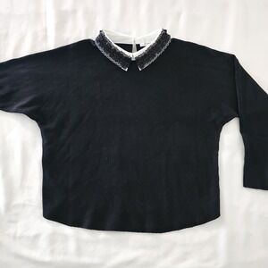 Siani Black Preppy Goth Wednesday‎ Sweater White Collar Black Lace Size L
